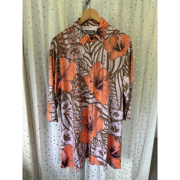 NIP New Born Hawaii Orange Vintage Hibiscus Flowers Button Down Shirt Dress L - Picture 2 of 4